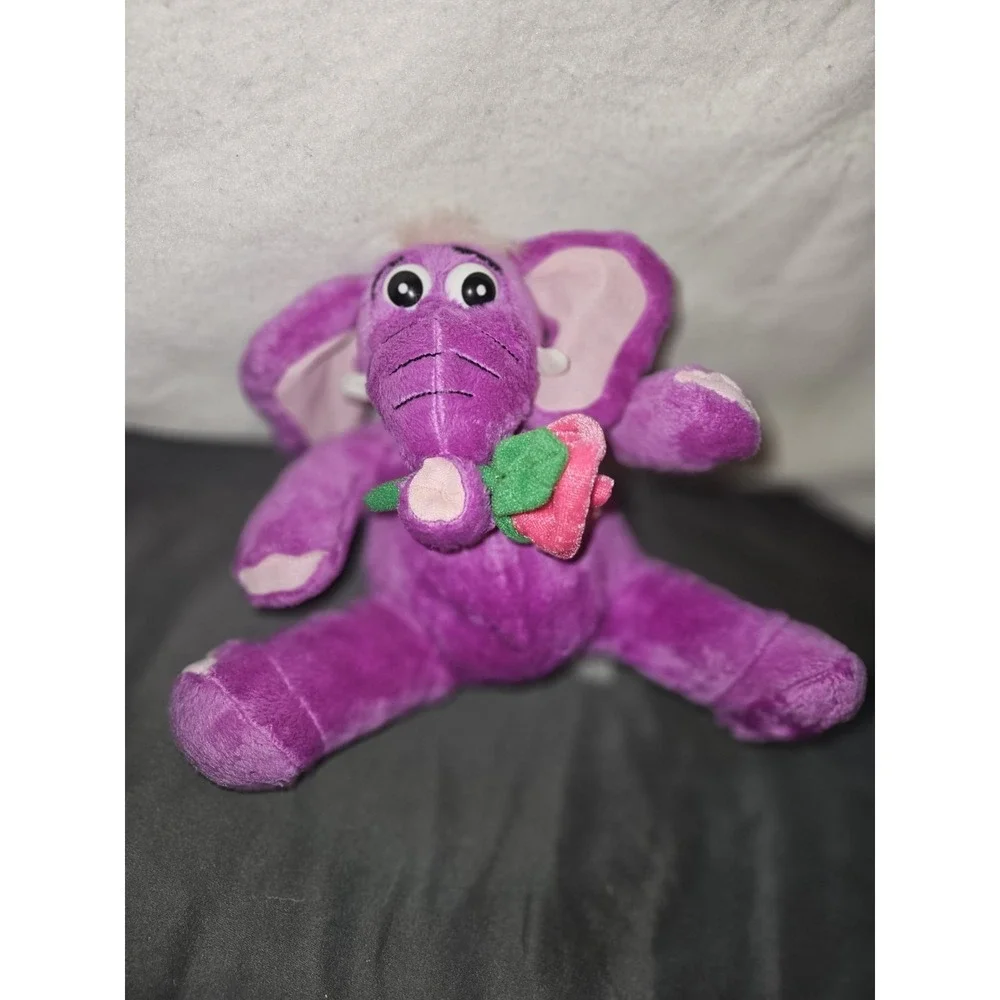 Vintage Purple Elephant Plush Holding Pink Rose Stuffed Animal Soft Toy
